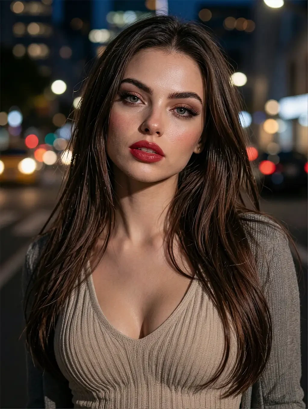 Brunette with red lips in a knit dress on a city street at night