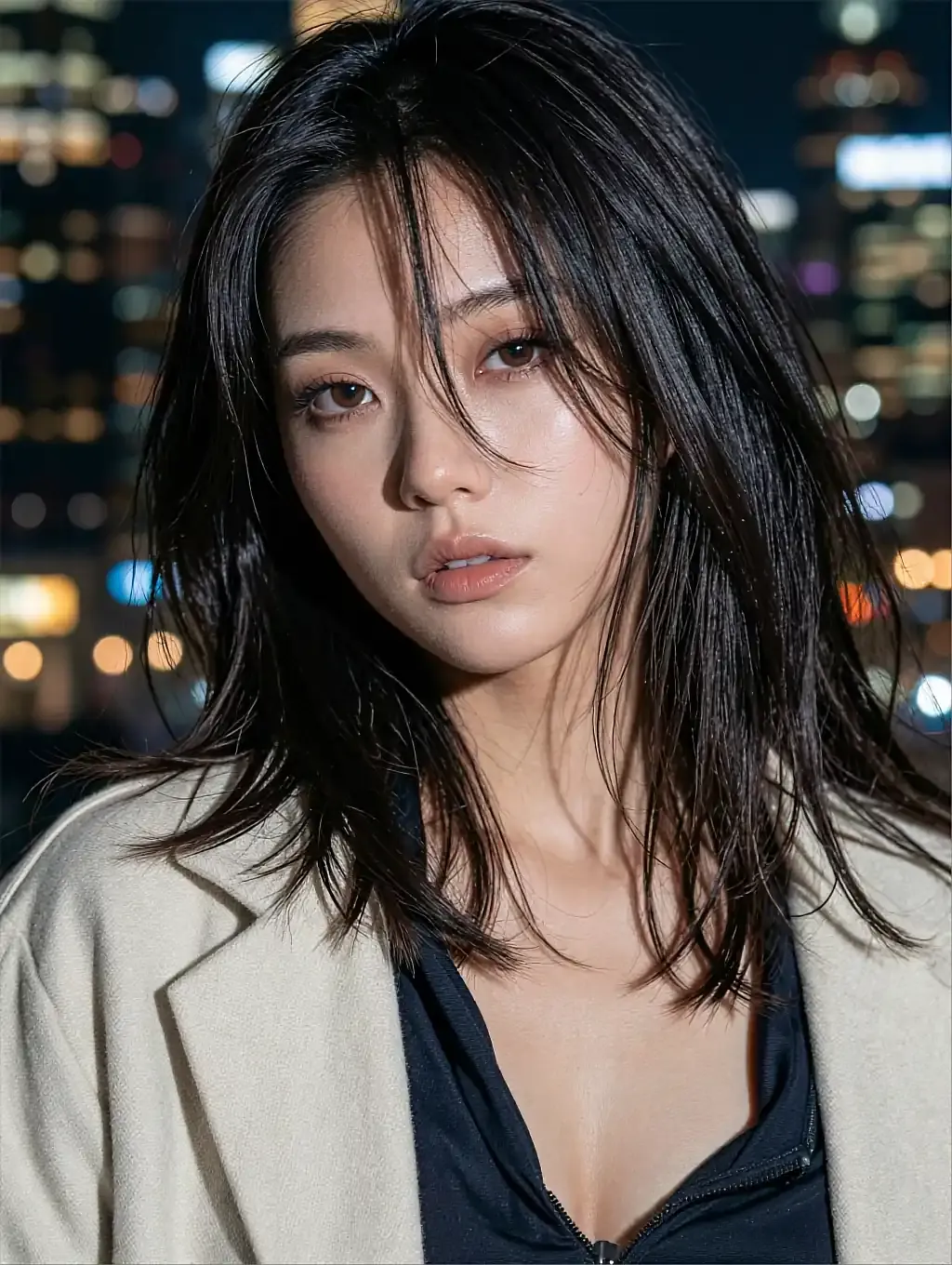 Dark-haired woman in a blazer and white shirt against blurred city lights, shown in the free page's preview