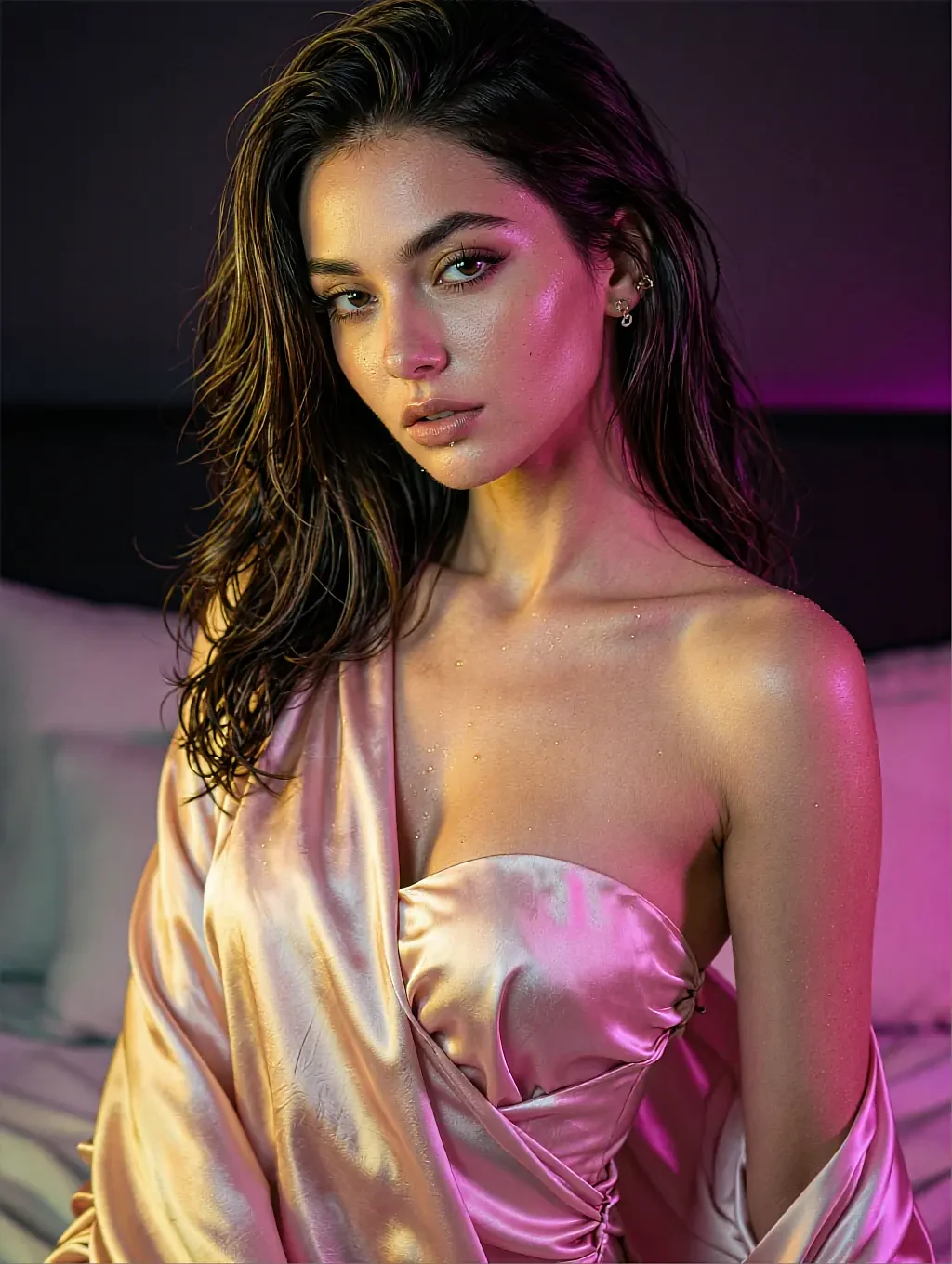 Woman in a sheer pink robe under pink neon light